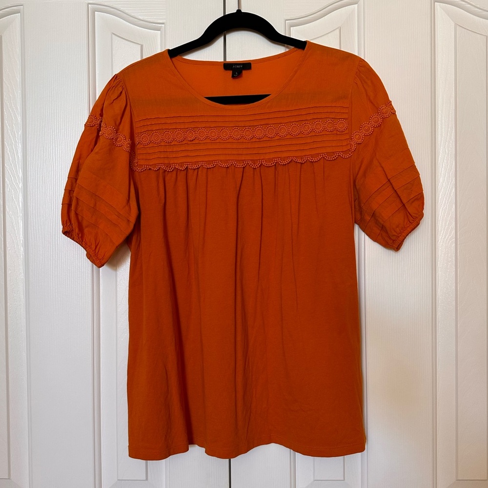 JCrew cotton top in a beautiful warm orange color with special details